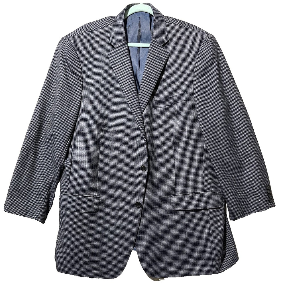 Hart Schaffner Marx Blazer Mens 48L Navy Gray Checked Wool Double Vent